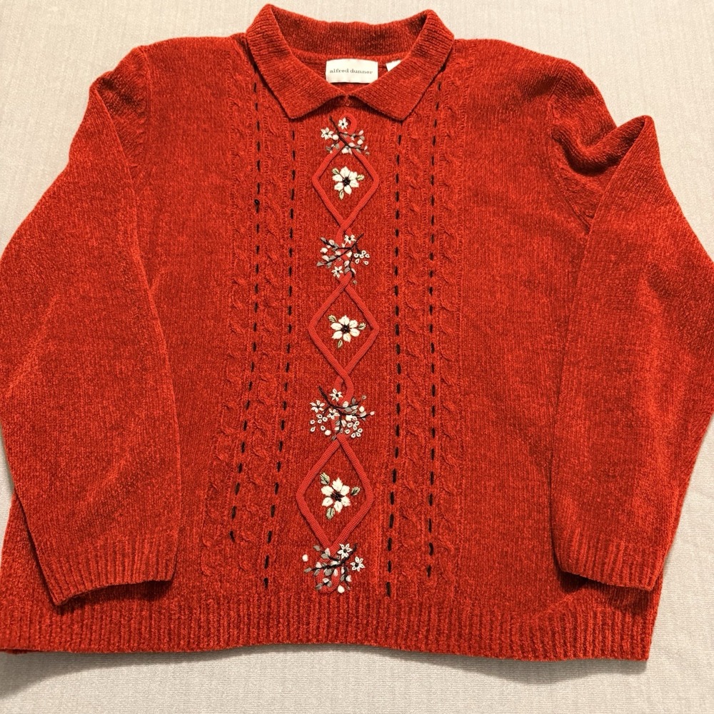 Alfred Dunner Womens XL Red Chenille Sweater Floral Embroidered Collared Vintage